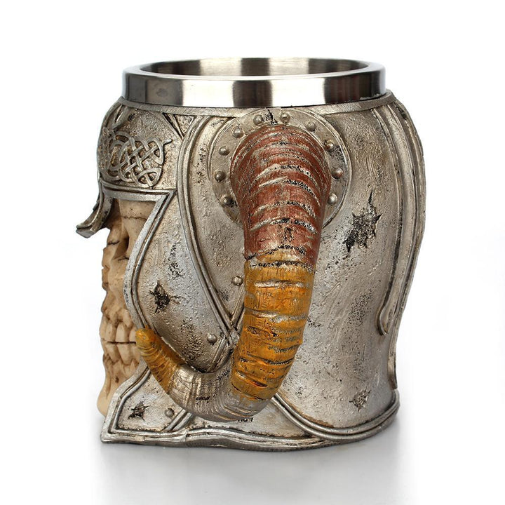 Edelstahl-Kaffeetasse mit Hörnern, Helm und Totenkopf