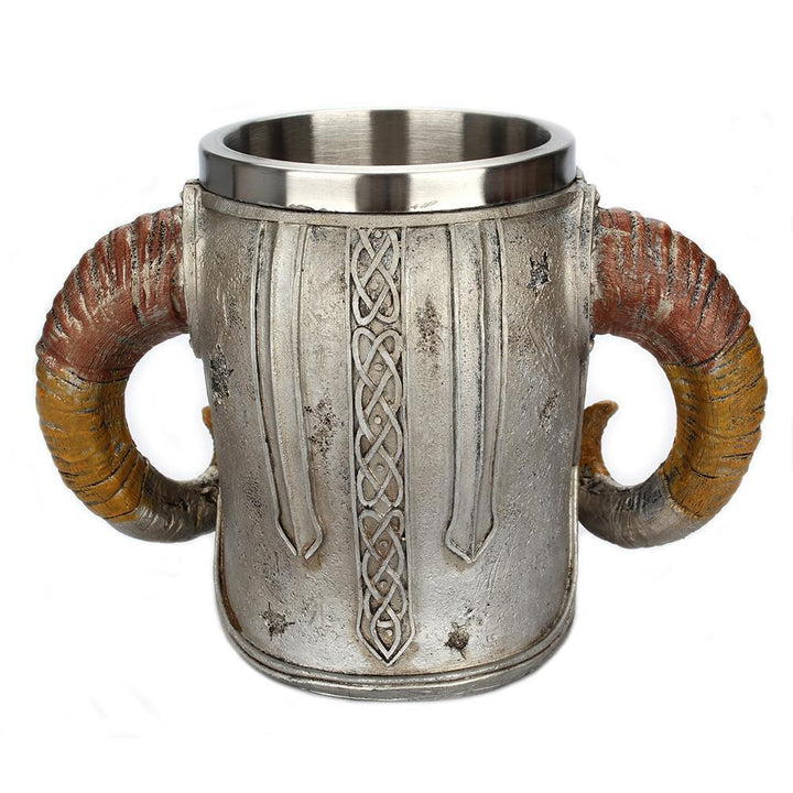 Edelstahl-Kaffeetasse mit Hörnern, Helm und Totenkopf