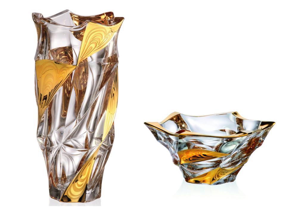 Set aus Vase und Schüssel aus Kristallglas mit goldenen Streifen