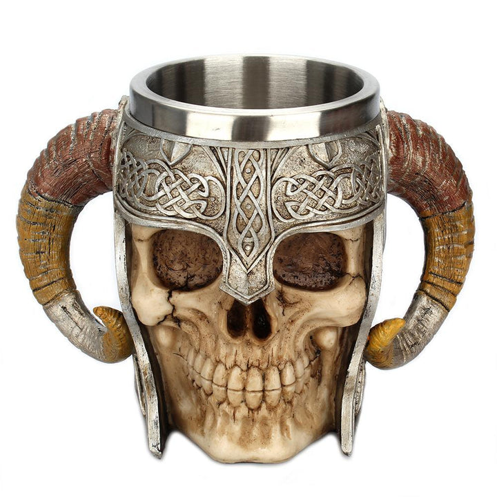 Edelstahl-Kaffeetasse mit Hörnern, Helm und Totenkopf
