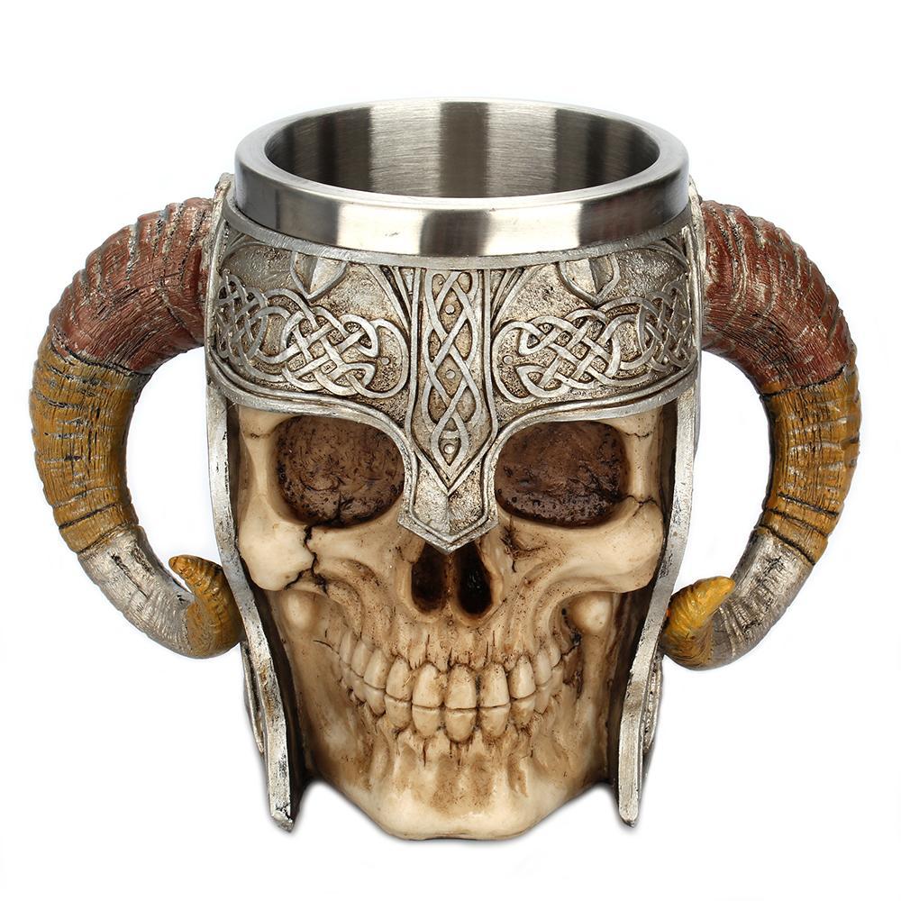 Edelstahl-Kaffeetasse mit Hörnern, Helm und Totenkopf