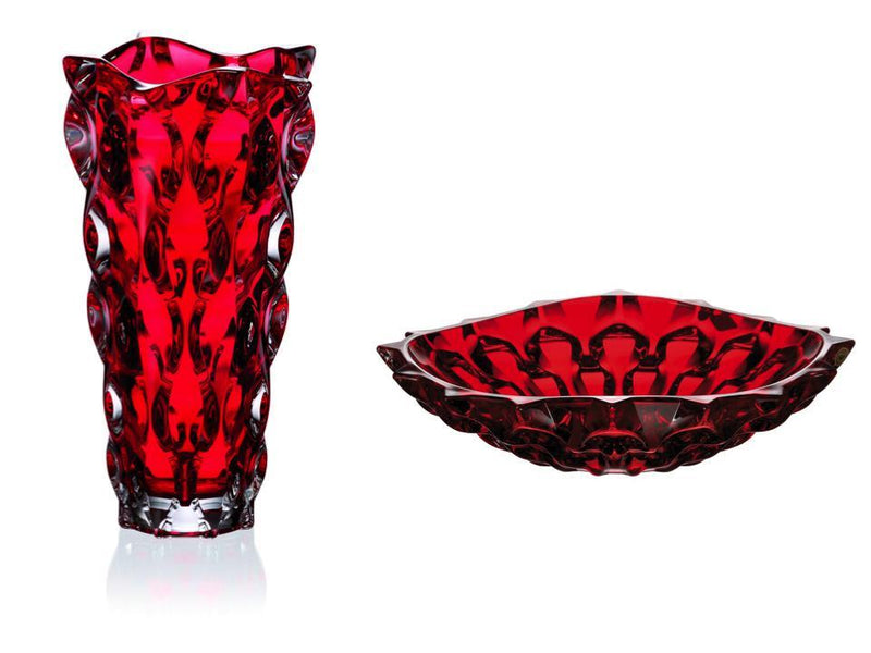 Red crystal glass vase & bowl set