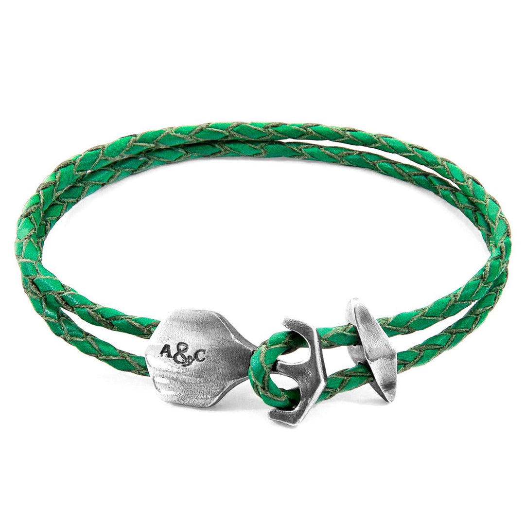Farngrünes Delta-Anker-Armband aus Silber und Leder
