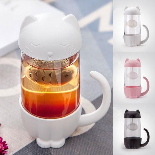 Niedliche Katzen-Teetasse aus Glas mit Fisch-Ei