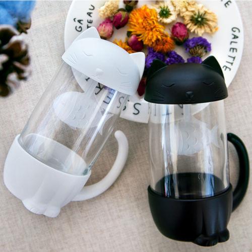 Niedliche Katzen-Teetasse aus Glas mit Fisch-Ei