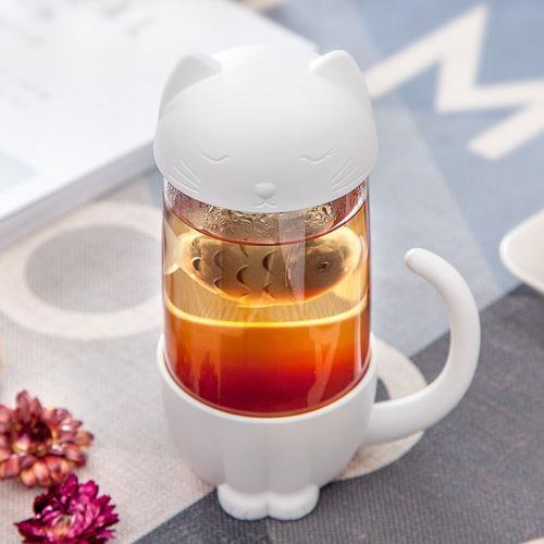 Niedliche Katzen-Teetasse aus Glas mit Fisch-Ei