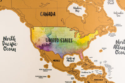 Scratch Your Travels® Watercolor World Map w/ US State Outlines