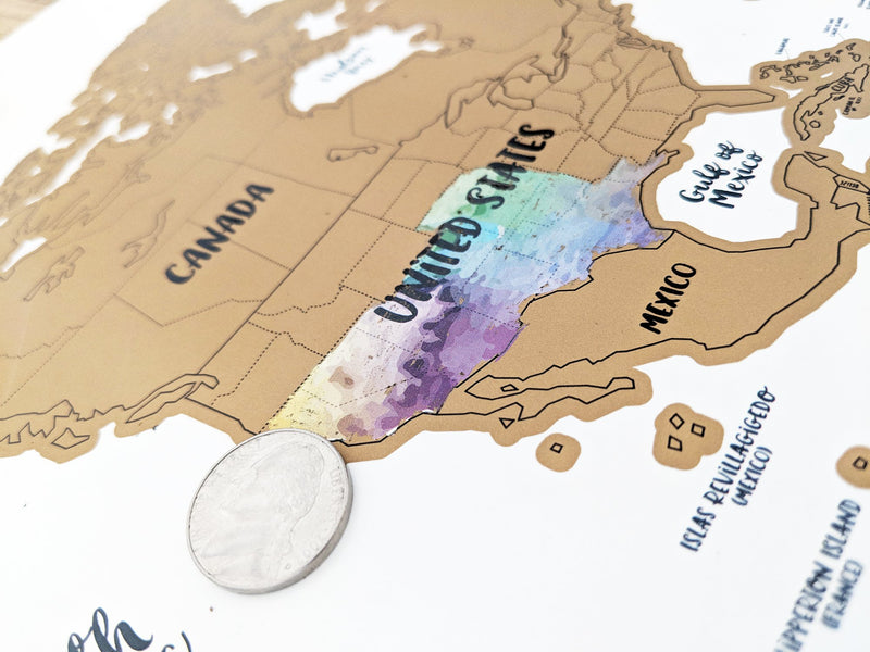 Scratch Your Travels® Watercolor World Map w/ US State Outlines