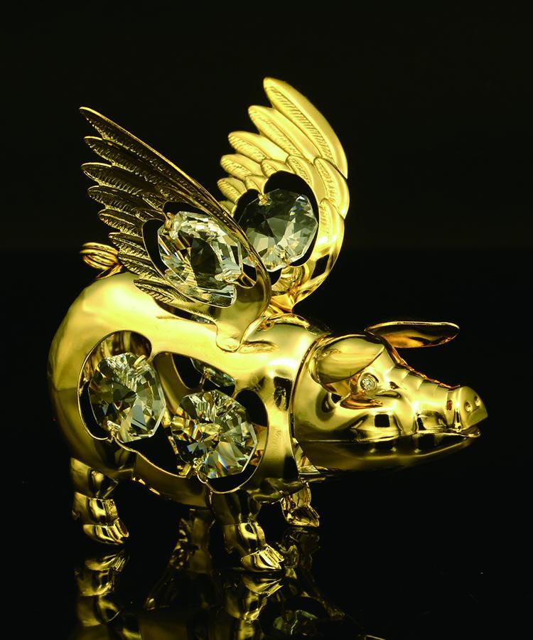 24K gold plated flying pig with Swarovski crystal