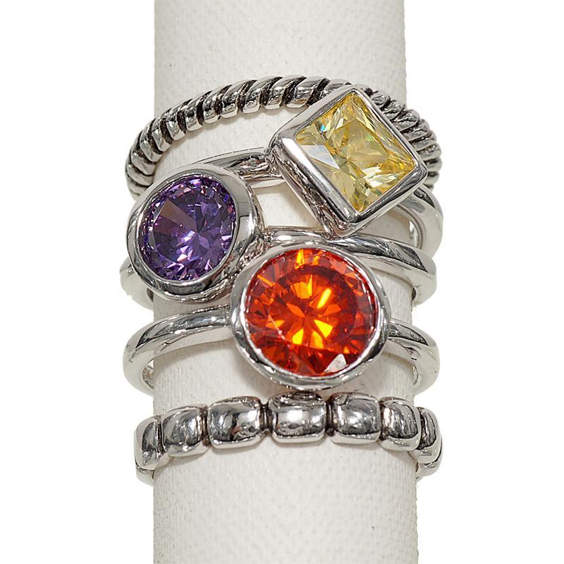 Set aus fünf stapelbaren Ringen mit orangefarbenen Amethyst- und gelben Steinen