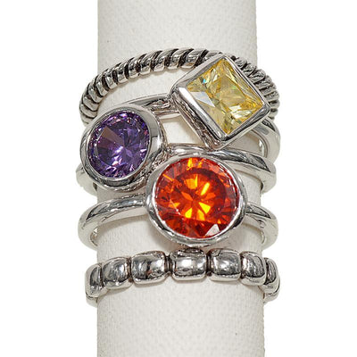 Set of Five Stackable Orange Amethyst Yellow Stones Ring