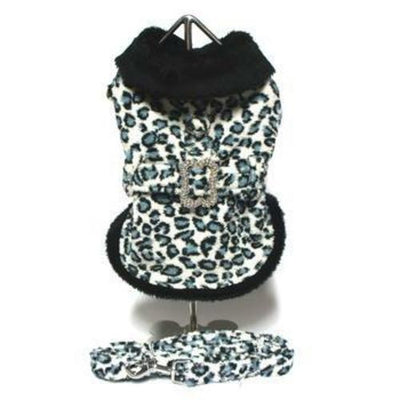 Blue Leopard Faux Fur Pet Coat Harness with Rhinestone Bone Buckle and