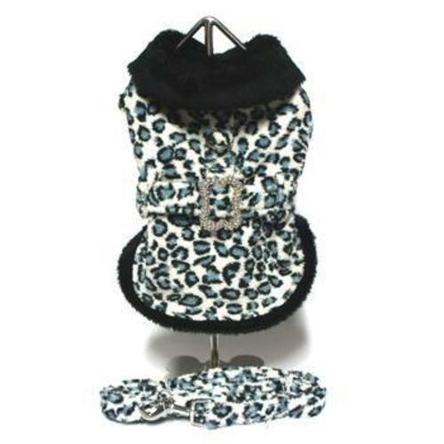 Blue Leopard Faux Fur Pet Coat Harness with Rhinestone Bone Buckle and