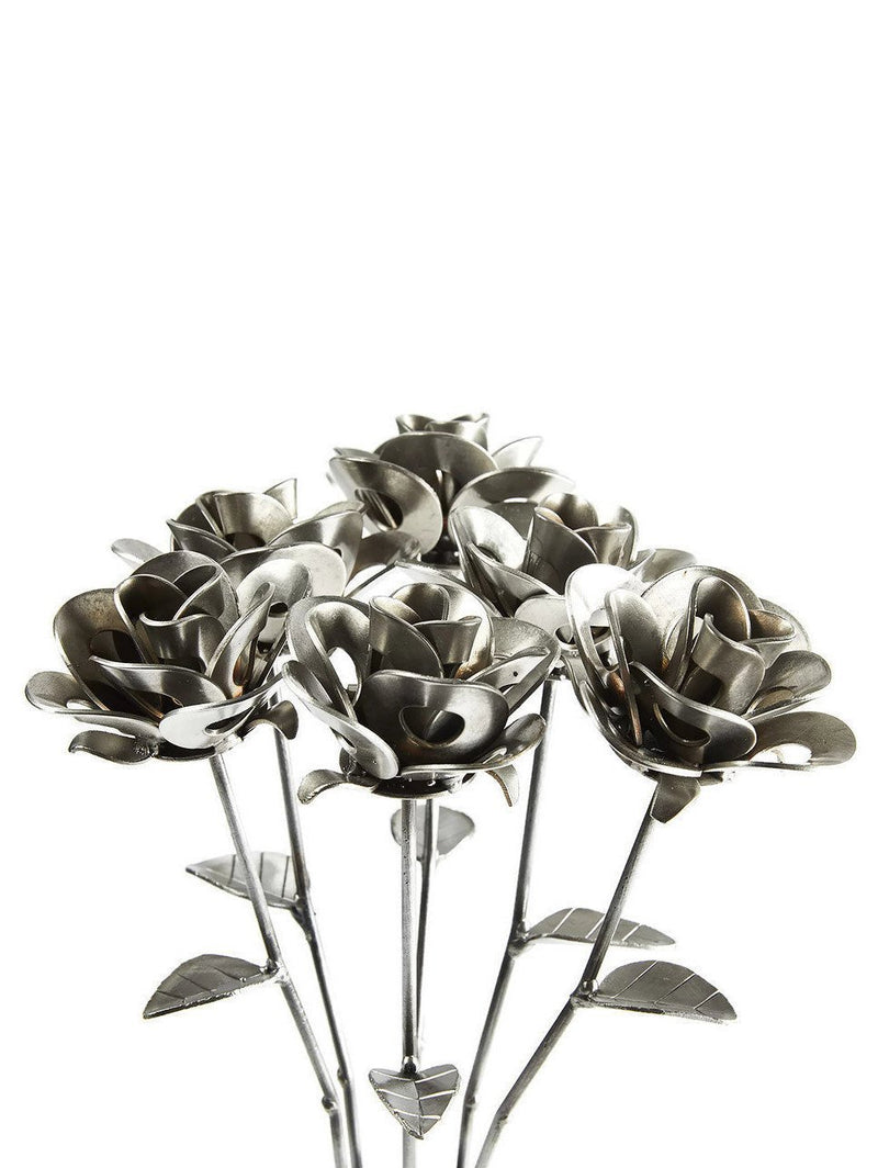 Half Dozen Metal Roses and Vase, Six Recycled Metal Roses and Vase,