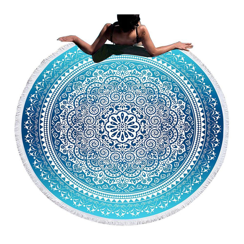 Bohemian Round Beach Towel Sky Blue Tassel Mandala