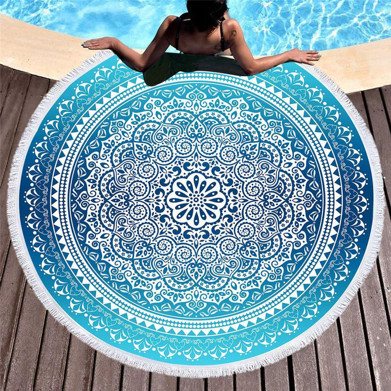 Bohemian Round Beach Towel Sky Blue Tassel Mandala